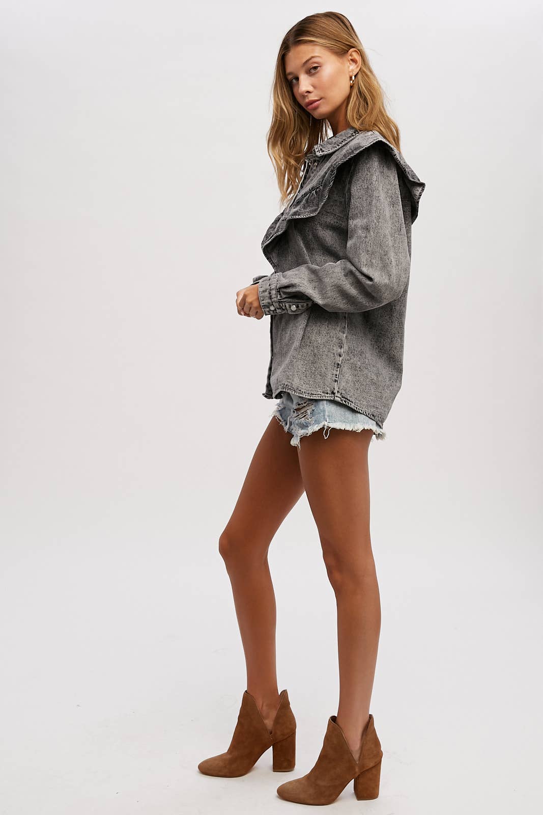 Button Up Ruffled Denim Shirt