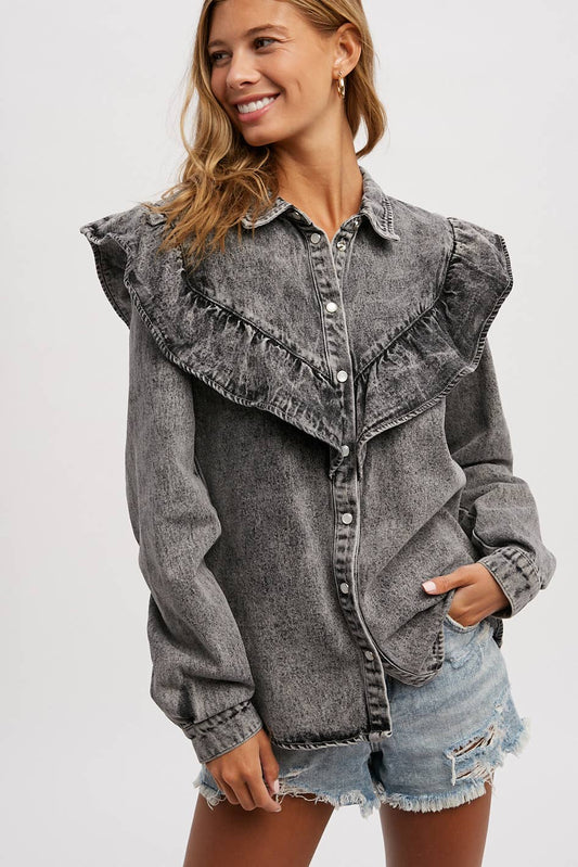 Button Up Ruffled Denim Shirt