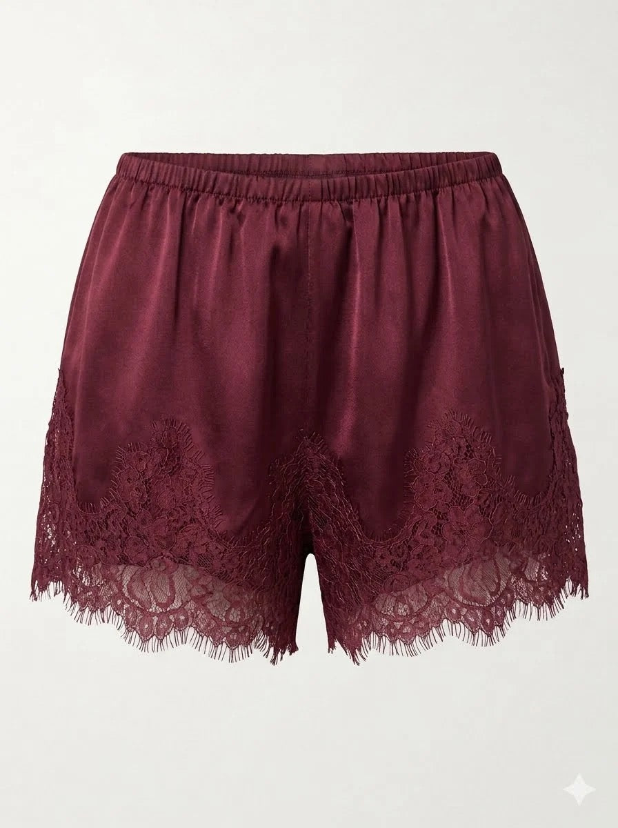 Wine Satin Lace Shorts