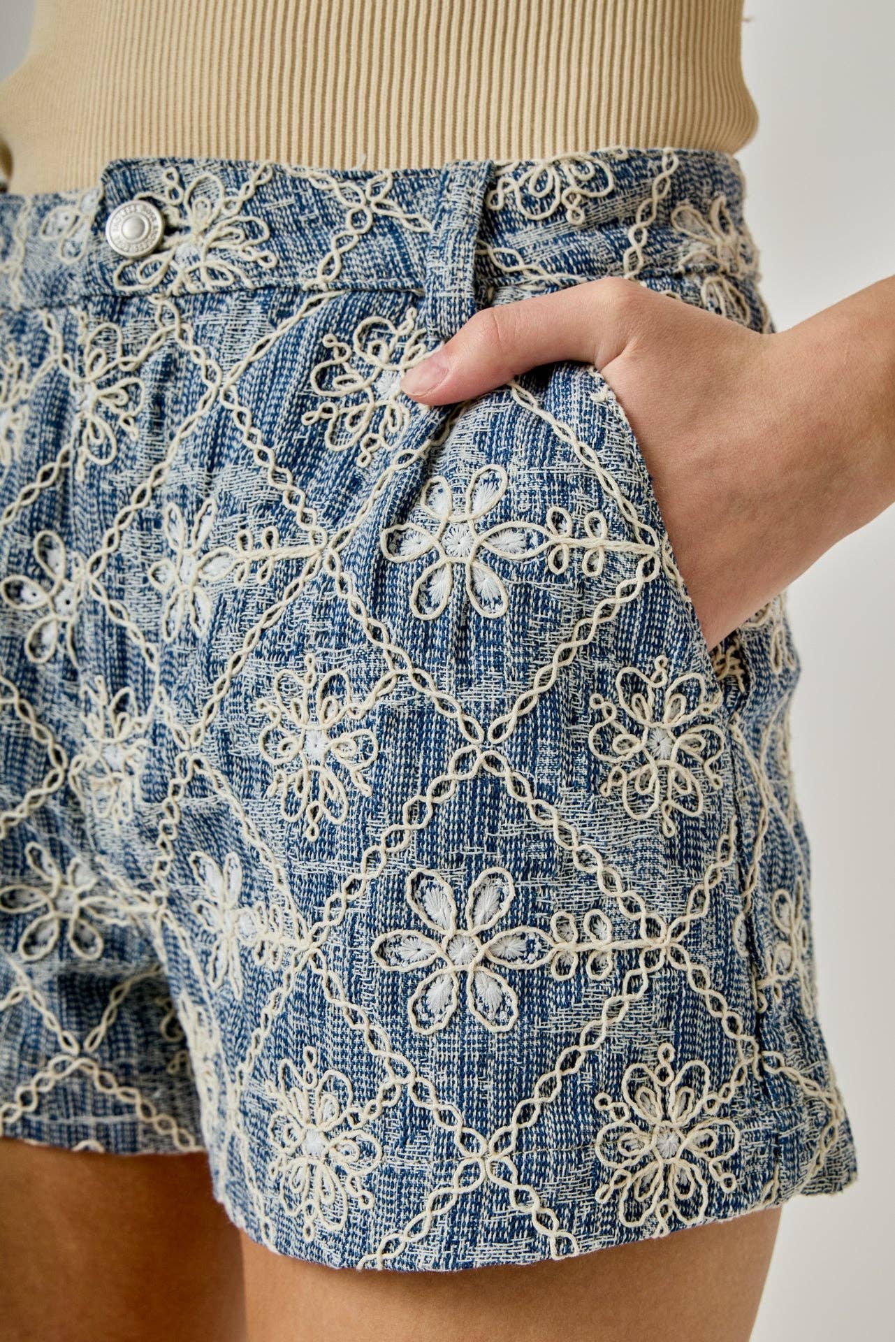 Embroidered Denim Shorts