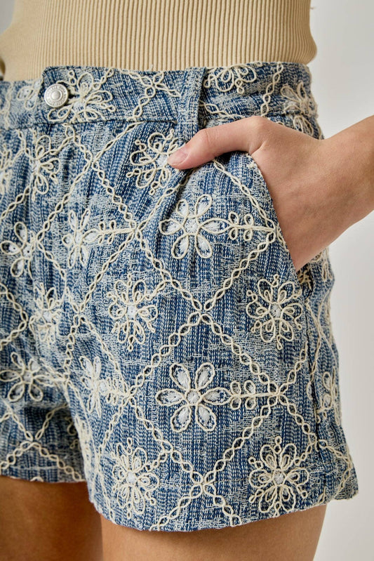 Embroidered Denim Shorts