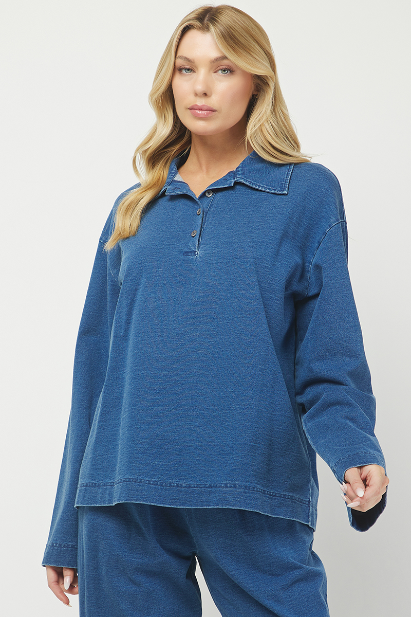 Knit Denim Polo Top